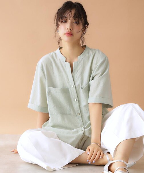 ダブルポケット5分袖シャツ【体型カバー/洗濯機OK】