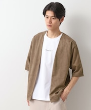 フェイクスウェードアンサンブルカーディガン【五分袖カーディガン＋半袖Tシャツセットアイテム】