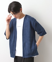 フェイクスウェードアンサンブルカーディガン【五分袖カーディガン＋半袖Tシャツセットアイテム】