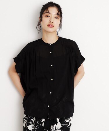 麻調シアーフリルギャザーブラウス【洗える】