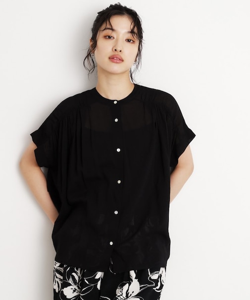 麻調シアーフリルギャザーブラウス【洗える】