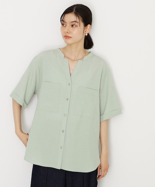 【再入荷/新色】ダブルポケット5分袖シャツ/体型カバー／洗濯機OK