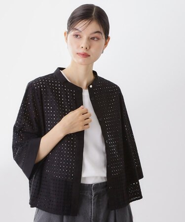 5分袖レース刺繍コットンシャツ