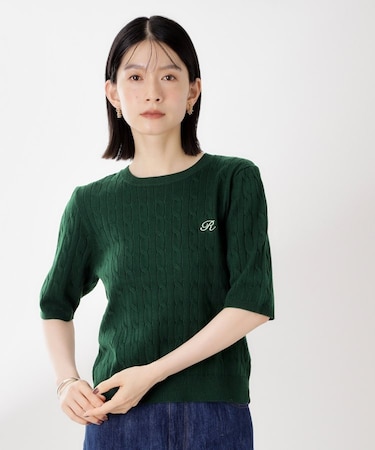 ワンポイント刺繍ケーブル半袖ニット【洗濯機OK】