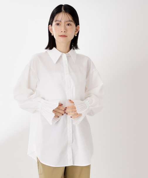 袖プリーツ&バックシャーリングシャツ【体型カバー/洗える】