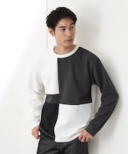 【一枚で着映える】パターンブロッキング長袖Tシャツ 洗濯機OK
