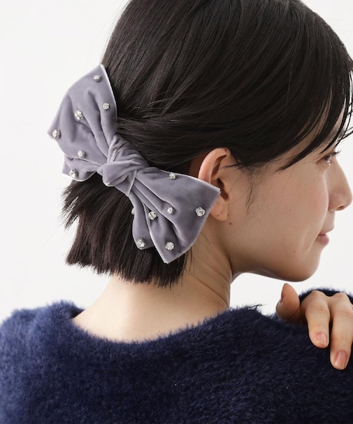 【華やか＆上品】ビジューベロアリボンバレッタ