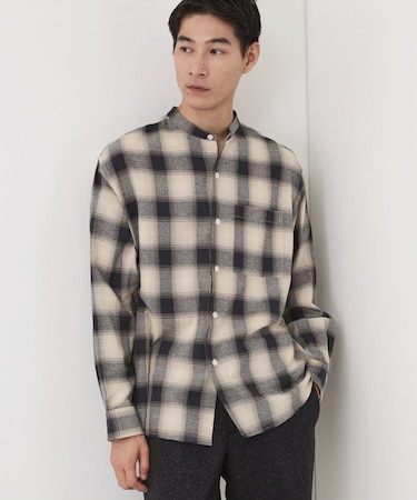 オンブレーチェックバンドカラーシャツ 【洗濯機OK】