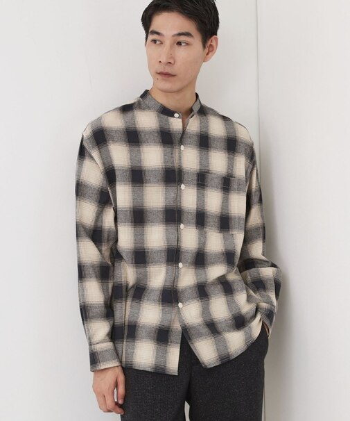オンブレーチェックバンドカラーシャツ 【洗濯機OK】