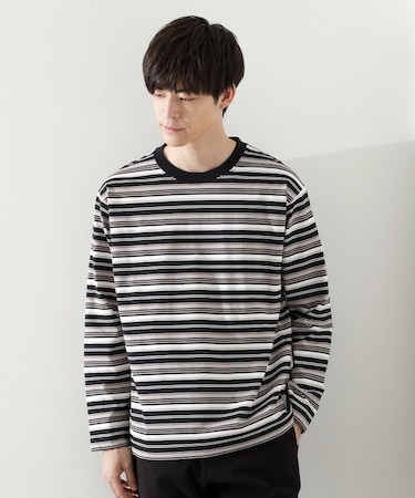 ランダムボーダー長袖タフTシャツ 【洗濯機OK】
