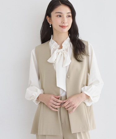 【セットアップ可/洗濯機可/イージーケア/防汚加工】ダブルクロス ペプラムジレ