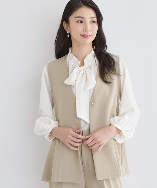 【セットアップ可/洗濯機可/イージーケア/防汚加工】ダブルクロス ペプラムジレ