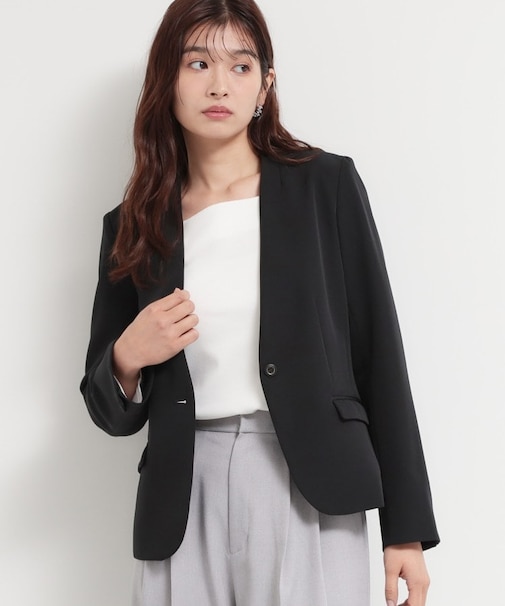 【通勤・セレモニー】ダブルクロス ノーカラージャケット/セットアップ可