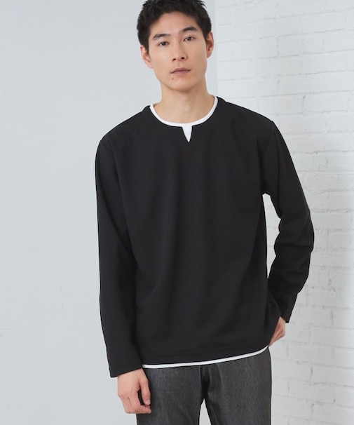 【1枚で手抜きに見えない】キーネック フェイクレイヤード長袖Tシャツ