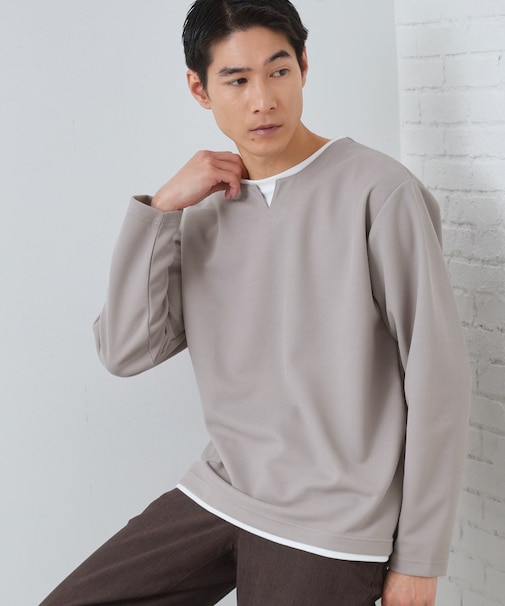 【1枚で手抜きに見えない】キーネック フェイクレイヤード長袖Tシャツ