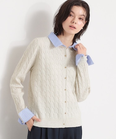 【1枚でスタイル決まる】シャツレイヤード風 襟付ケーブルニット