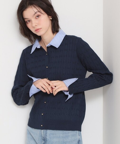 【1枚でスタイル決まる】シャツレイヤード風 襟付ケーブルニット