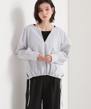 キーネックストライプドロストシャツブラウス