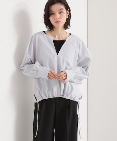 キーネックストライプドロストシャツブラウス