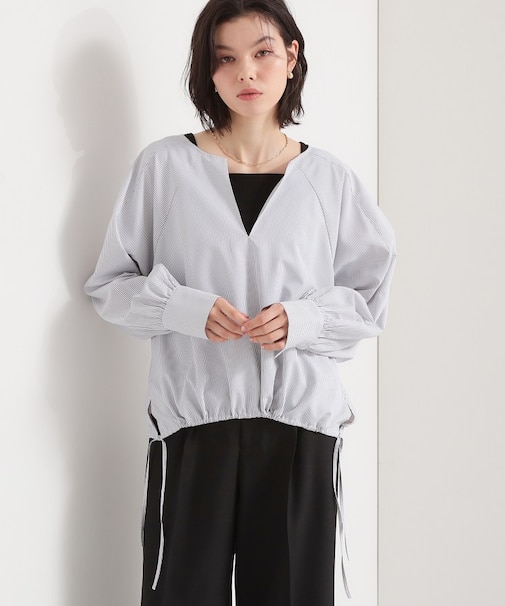 キーネックストライプドロストシャツブラウス