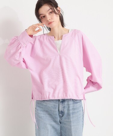 キーネックストライプドロストシャツブラウス