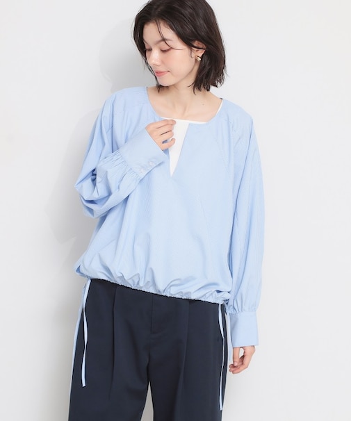 キーネックストライプドロストシャツブラウス