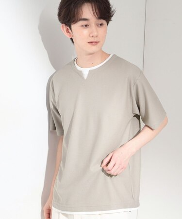 【一枚でコーディネートが完成!】レイヤード風 キーネック 半袖Tシャツ 洗濯機OK