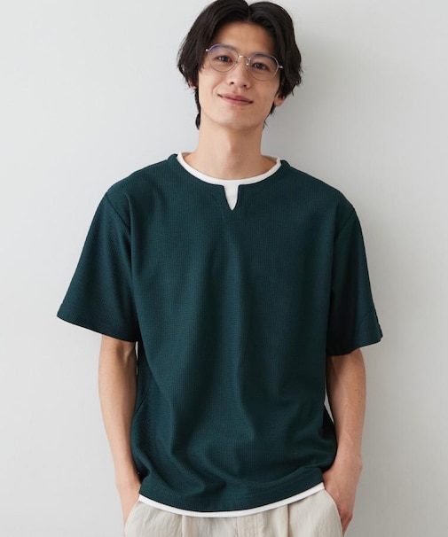 【一枚でコーディネートが完成!】レイヤード風 キーネック 半袖Tシャツ 洗濯機OK