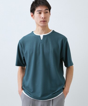 【一枚でコーディネートが完成！】レイヤード風 キーネック 半袖Tシャツ 洗濯機OK