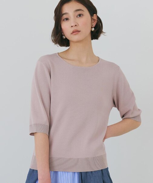 【S-XL/ひんやりタッチ】美しさ際立つ 6分袖ニット 洗濯機OK/UVケア/毛玉になりにくい