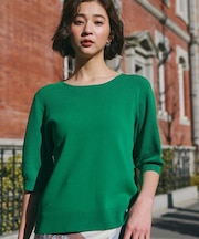 【S-XL/ひんやりタッチ】美しさ際立つ 6分袖ニット 洗濯機OK/UVケア/毛玉になりにくい