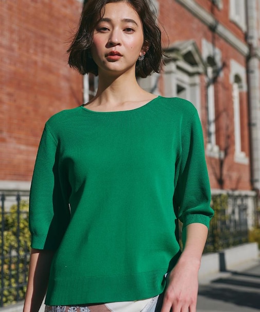 【S-XL/ひんやりタッチ】美しさ際立つ 6分袖ニット 洗濯機OK/UVケア/毛玉になりにくい