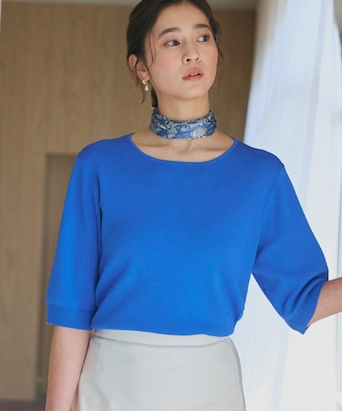 【S-XL/ひんやりタッチ】美しさ際立つ 6分袖ニット 洗濯機OK/UVケア/毛玉になりにくい