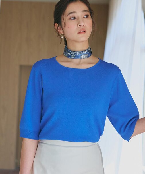 【S-XL/ひんやりタッチ】美しさ際立つ 6分袖ニット 洗濯機OK/UVケア/毛玉になりにくい