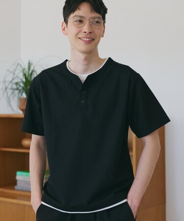 【1枚でちゃんとして見える】ヘンリーネック レイヤード風 半袖Tシャツ 洗濯機OK
