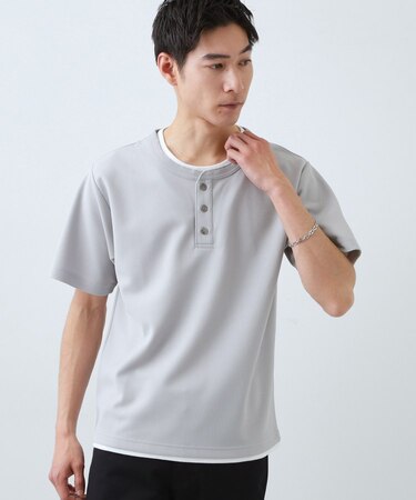【1枚でちゃんとして見える】ヘンリーネック レイヤード風 半袖Tシャツ 洗濯機OK