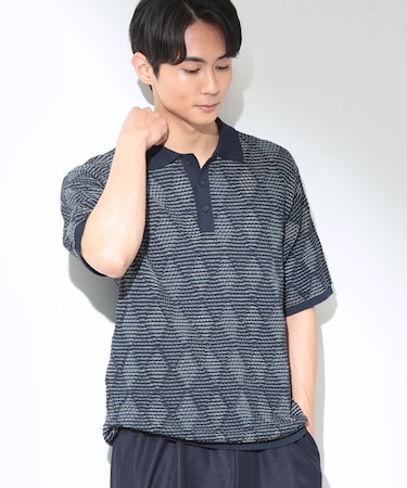 【主張しすぎない配色バランス】アーガイルメッシュポロ半袖Tシャツ 洗濯機OK