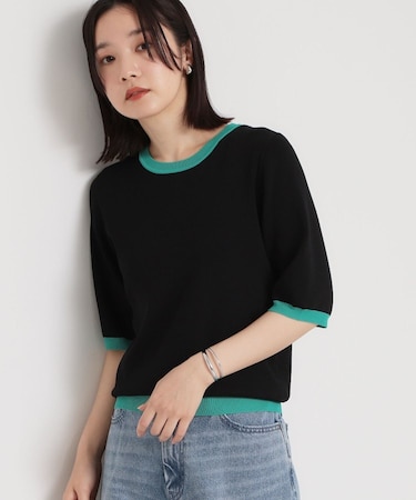 【接触冷感/洗濯機OK/毛玉になりにくい/UV】さりげないラインで品よく映える 配色5分袖トップス