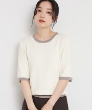 【接触冷感/洗濯機OK/毛玉になりにくい/UV】さりげないラインで品よく映える 配色5分袖トップス