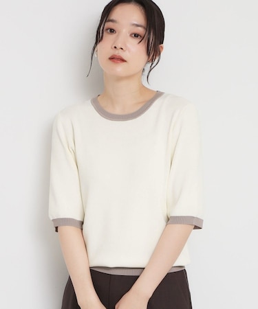 【接触冷感/洗濯機OK/毛玉になりにくい/UV】さりげないラインで品よく映える 配色5分袖トップス