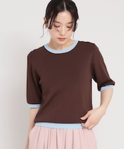 【接触冷感/洗濯機OK/毛玉になりにくい/UV】さりげないラインで品よく映える 配色5分袖トップス