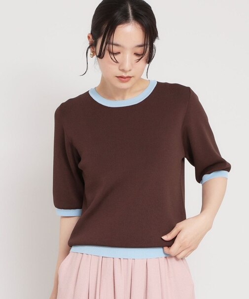 【接触冷感/洗濯機OK/毛玉になりにくい/UV】さりげないラインで品よく映える 配色5分袖トップス