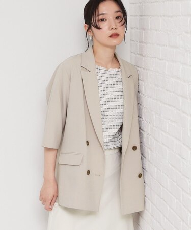 【セットアップ可】麻調ダブルブレスト 6分袖ジャケット