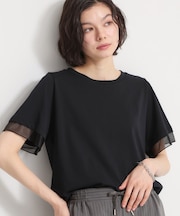 【M-XL/ひんやり／吸水速乾／UV】上品な透け感 袖口シアーTシャツ
