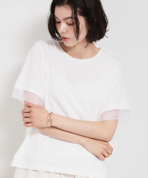 【M-XL/ひんやり／吸水速乾／UV】上品な透け感 袖口シアーTシャツ