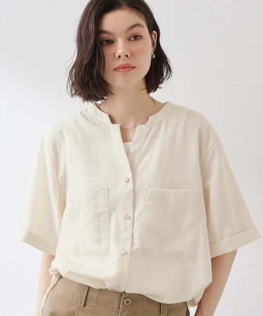 【M-XL/さりげなく二の腕カバー】5分袖Wポケットシャツ