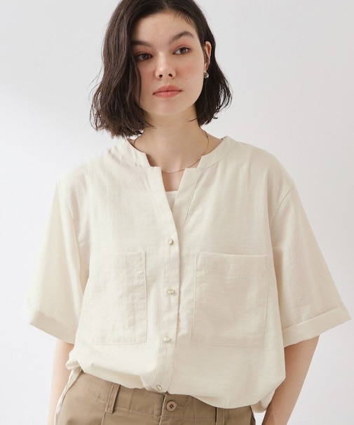 【M-XL/さりげなく二の腕カバー】5分袖Wポケットシャツ