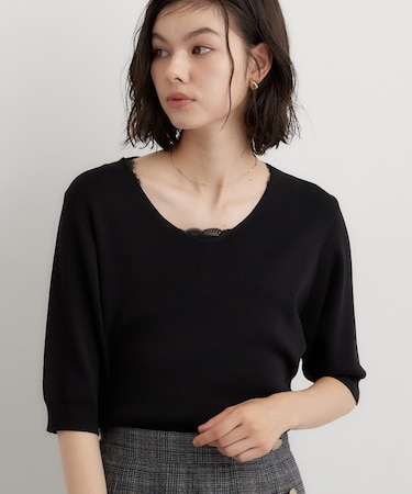 【ひんやり】すっきりVネック 6分袖ニット