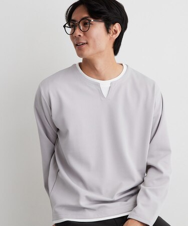 【洗濯機OK】カノコキーネック レイヤード長袖Tシャツ