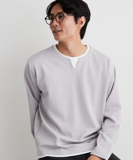 【洗濯機OK】カノコキーネック レイヤード長袖Tシャツ